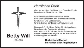 Traueranzeige von Betty Will von Pegnitz-Zeitung